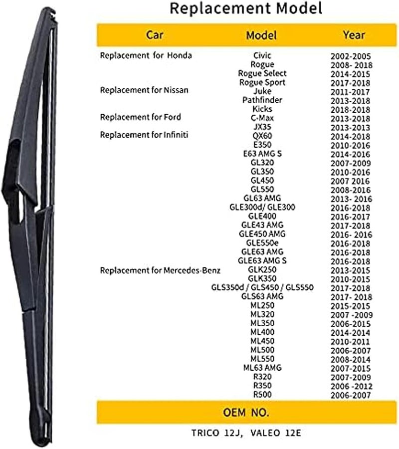 OTUAYAUTO 12" Rear Wiper Blade H301- Replacement for Nissan Rogue 2008-2023 Pathfinder 2013-2020 Juke 2011-2017 Kicks 2018-2023 Back Windshield Wiper Blade (12-J) - Image 4